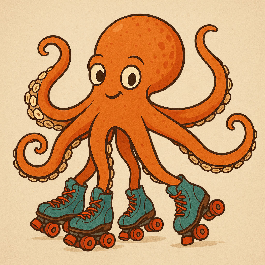 A cartoon of an octopus on roller skates